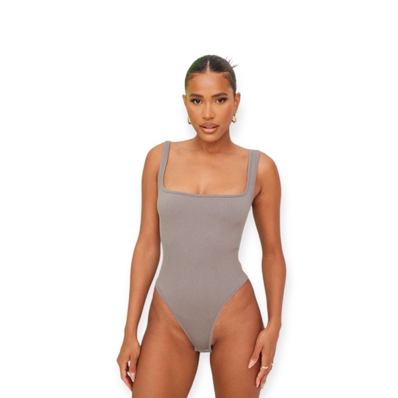 Gunmetal Contour Rib Square Neck Sleeveless Bodysuit - Picture 4 of 6